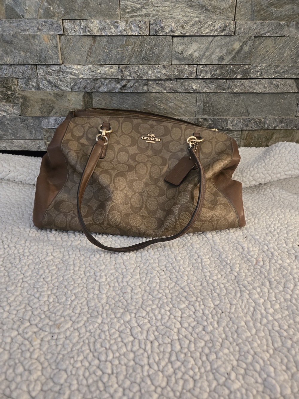 Coach Brown Signature Canvas Shoulder Bag with Leather Trim - Used